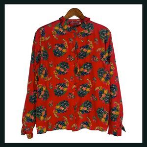 Vintage Ungaro Red Floral Silk Blouse Button Front Made in Italy 80s 90s L XL